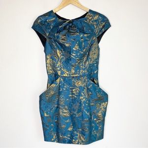 All Saints Opulence Teal/Blue Bronze Jacquard Cocktail Dress Size 2